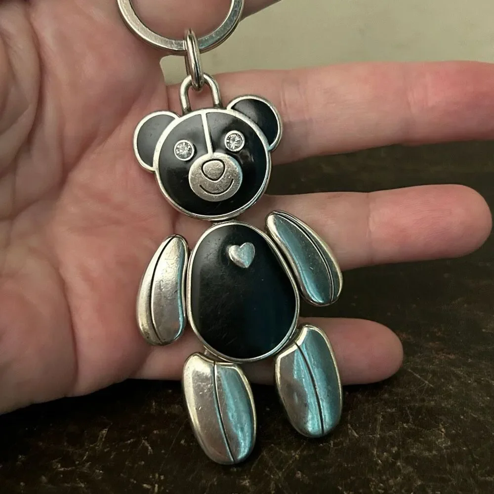 Brighton Articulated Teddy Bear Handbag Fob Keychain Rhinestones Black and Silve